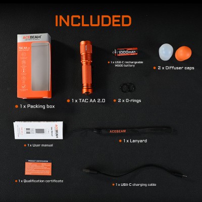 Acebeam TAC AA 2.0 Taktik LED El Feneri | 1000 Lümen, CRI90, USB-C Şarjlı