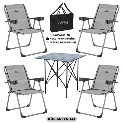Kül Gri 4’lü Kamp Sandalyesi ve Dayanıklı Katlanır Masa Seti