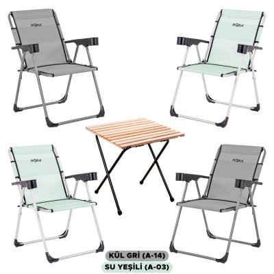 4’lü Kül Gri - Su Yeşili  Kamp Sandalyesi ve Katlanır Masa Seti | Outdoor Kamp Takımı