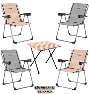 4’lü Kül Gri- Bej Kamp Sandalyesi ve Katlanır Masa Seti | Outdoor Kamp Takımı
