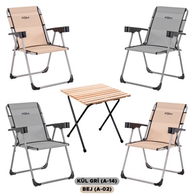4’lü Kül Gri- Bej Kamp Sandalyesi ve Katlanır Masa Seti | Outdoor Kamp Takımı