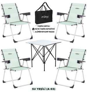 Katlanabilir Kamp Sandalyesi & Portatif Kamp Masası Seti – 4 Sandalye + 1 Masa (Su Yeşili)