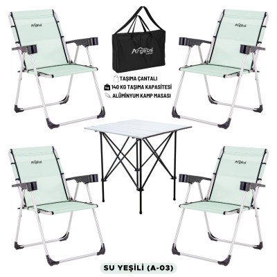 Katlanabilir Kamp Sandalyesi & Portatif Kamp Masası Seti – 4 Sandalye + 1 Masa (Su Yeşili)
