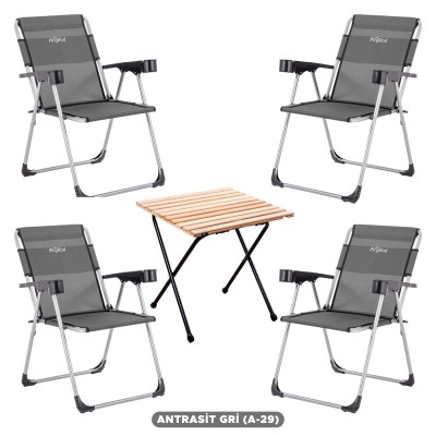 4’lü Kamp Sandalyesi ve Katlanır Masa Outdoor Seti | Taşınabilir Kamp Takımı (Antrasit)