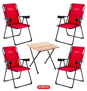 Kırmızı 4’lü Kamp Sandalyesi ve Ahşap Desenli Katlanabilir Masa Seti