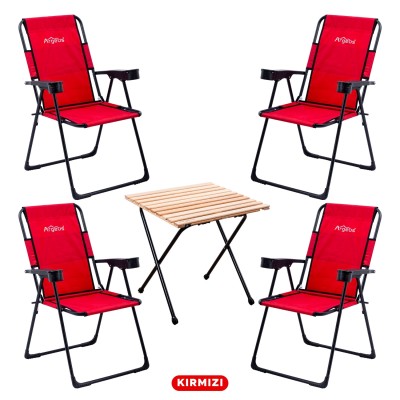 Kırmızı 4’lü Kamp Sandalyesi ve Ahşap Desenli Katlanabilir Masa Seti