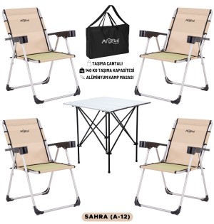 Katlanabilir Kamp Sandalyesi & Portatif Kamp Masası Seti – 4 Sandalye + 1 Masa (Sahra Renk)