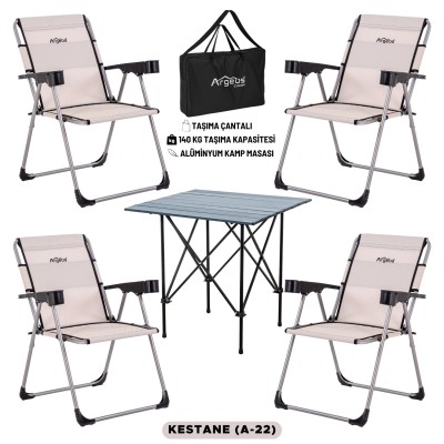 Kestane Renk 4’lü Kamp Sandalyesi ve Dayanıklı Katlanır Masa Seti