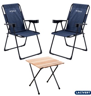 Lacivert Kamp Sandalyesi ve Katlanabilir Ahşap Görünümlü Masa Seti | Outdoor Set