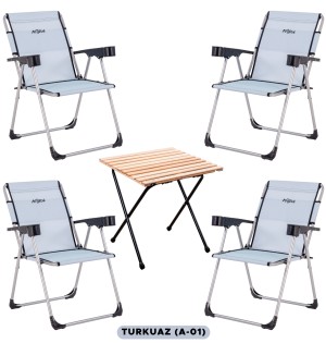 4’lü Kamp Sandalyesi + Katlanır Masa Seti Turkuaz | Kamp Ekipmanları