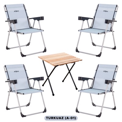 4’lü Kamp Sandalyesi + Katlanır Masa Seti Turkuaz | Kamp Ekipmanları