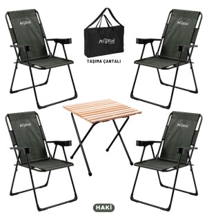 Haki 4’lü Kamp Sandalyesi ve Ahşap Desenli Portatif Masa Seti