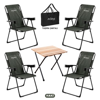 Haki 4’lü Kamp Sandalyesi ve Ahşap Desenli Portatif Masa Seti