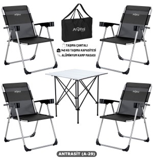Antrasit Renk Taşıma Çantalı 4’lü Kamp Sandalyesi ve Alüminyum Kamp Masası Seti