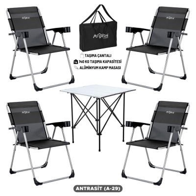Antrasit Renk Taşıma Çantalı 4’lü Kamp Sandalyesi ve Alüminyum Kamp Masası Seti
