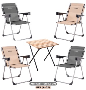 Bej ve Antrasit  Karışık 4’lü Kamp Sandalyesi ve Katlanır Masa Seti | Outdoor Kamp Takımı