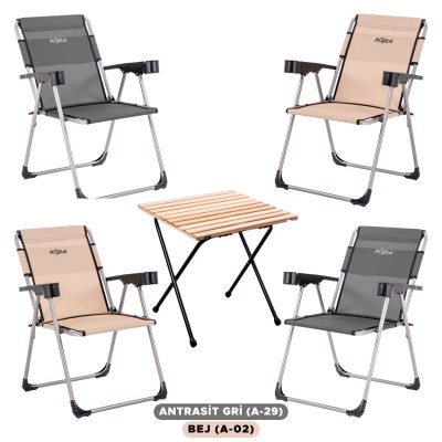 Bej ve Antrasit  Karışık 4’lü Kamp Sandalyesi ve Katlanır Masa Seti | Outdoor Kamp Takımı