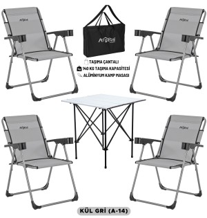 Katlanabilir Kamp Sandalyesi & Portatif Kamp Masası Seti – 4 Sandalye + 1 Masa (Kül Gri Renk)