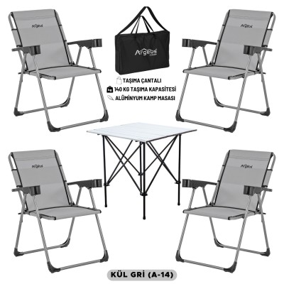 Katlanabilir Kamp Sandalyesi & Portatif Kamp Masası Seti – 4 Sandalye + 1 Masa (Kül Gri Renk)