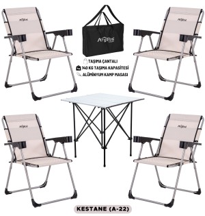Katlanabilir Kamp Sandalyesi & Portatif Kamp Masası Seti – 4 Sandalye + 1 Masa (Kestane Rengi)
