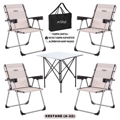 Katlanabilir Kamp Sandalyesi & Portatif Kamp Masası Seti – 4 Sandalye + 1 Masa (Kestane Rengi)