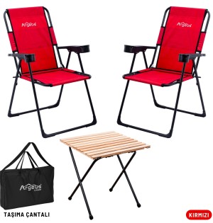 Kırmızı Kamp Sandalyesi + Katlanabilir Masa + Argeus Çantalı Outdoor Set