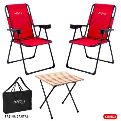 Kırmızı Kamp Sandalyesi + Katlanabilir Masa + Argeus Çantalı Outdoor Set
