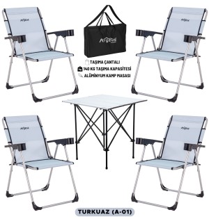Katlanabilir Kamp Sandalyesi & Portatif Kamp Masası Seti – 4 Sandalye + 1 Masa (Turkuaz)