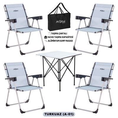Katlanabilir Kamp Sandalyesi & Portatif Kamp Masası Seti – 4 Sandalye + 1 Masa (Turkuaz)