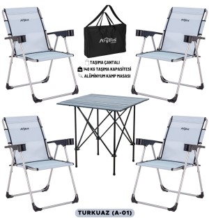 Turkuaz Rengi Taşıma Çantalı 4’lü Kamp Sandalyesi ve Alüminyum Masa Seti