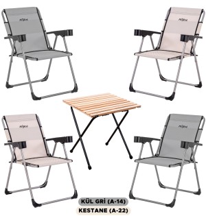 4’lü Kül Gri - Kestane Kamp Sandalyesi ve Katlanır Masa Seti | Outdoor Kamp Takımı