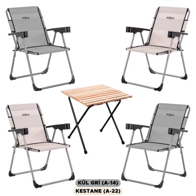 4’lü Kül Gri - Kestane Kamp Sandalyesi ve Katlanır Masa Seti | Outdoor Kamp Takımı