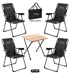 Siyah 4’lü Kamp Sandalyesi ve Ahşap Desenli Portatif Masa Seti