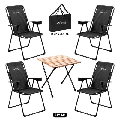 Siyah 4’lü Kamp Sandalyesi ve Ahşap Desenli Portatif Masa Seti