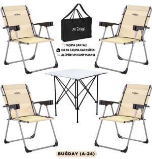 Buğday Rengi Katlanabilir Kamp Sandalyesi ve Taşıma Çantalı Portatif Kamp Masası – 4’lü Sandalye + 1 Masa Seti