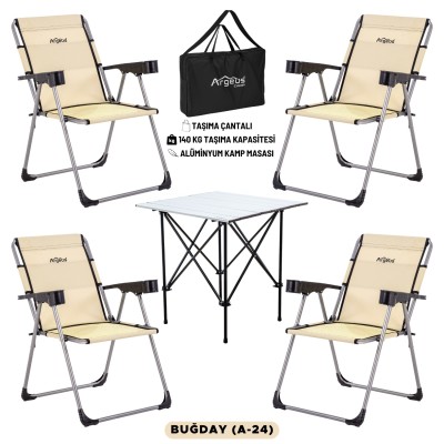 Buğday Rengi Katlanabilir Kamp Sandalyesi ve Taşıma Çantalı Portatif Kamp Masası – 4’lü Sandalye + 1 Masa Seti