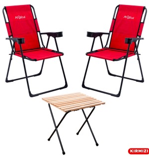 Kırmızı Kamp Sandalyesi ve Ahşap Görünümlü Masa Seti | Katlanabilir Outdoor Set