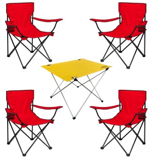 4’lü Kırmızı Kamp Sandalyesi ve Sarı Katlanabilir Masa Seti