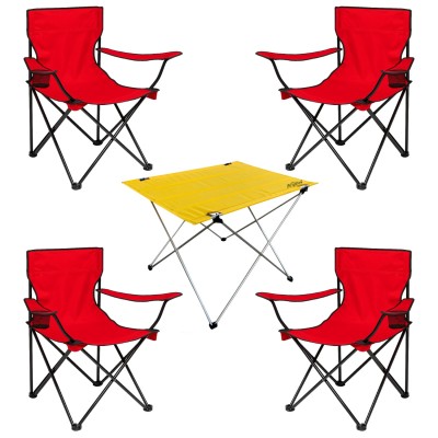 4’lü Kırmızı Kamp Sandalyesi ve Sarı Katlanabilir Masa Seti