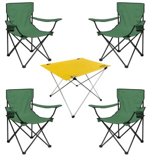 4’lü Yeşil Kamp Sandalyesi ve Sarı Katlanabilir Masa Seti