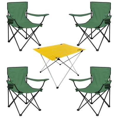 4’lü Yeşil Kamp Sandalyesi ve Sarı Katlanabilir Masa Seti