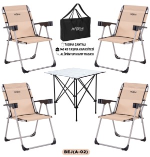 Bej Rengi Taşıma Çantalı 4’lü Kamp Sandalyesi ve Alüminyum Kamp Masası Seti