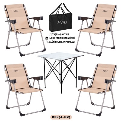 Bej Rengi Taşıma Çantalı 4’lü Kamp Sandalyesi ve Alüminyum Kamp Masası Seti