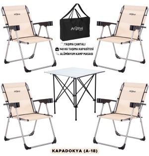 Kapadokya Renk Katlanabilir Kamp Sandalyesi ve Portatif Kamp Masası – 4 Sandalye + 1 Masa Seti (Taşıma Çantalı)