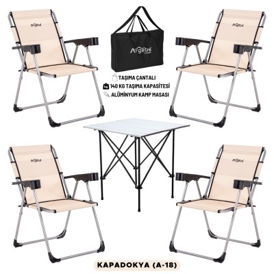 Kapadokya Renk Katlanabilir Kamp Sandalyesi ve Portatif Kamp Masası – 4 Sandalye + 1 Masa Seti (Taşıma Çantalı)