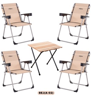 4’lü Bej Kamp Sandalyesi ve Katlanır Masa Outdoor Seti | Taşınabilir Kamp Takımı 