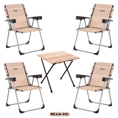 4’lü Bej Kamp Sandalyesi ve Katlanır Masa Outdoor Seti | Taşınabilir Kamp Takımı 