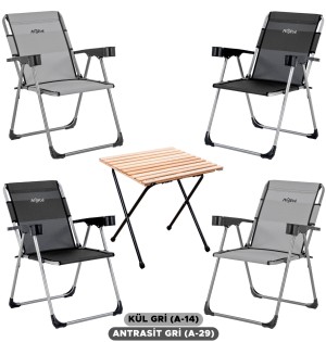 4’lü Kül Gri - Antrasit Kamp Sandalyesi ve Katlanır Masa Seti | Outdoor Kamp Takımı