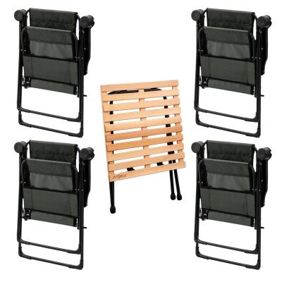 Haki 4’lü Kamp Sandalyesi ve Ahşap Desenli Portatif Masa Seti