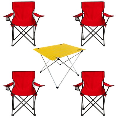 4’lü Kırmızı Kamp Sandalyesi ve Sarı Katlanabilir Masa Seti